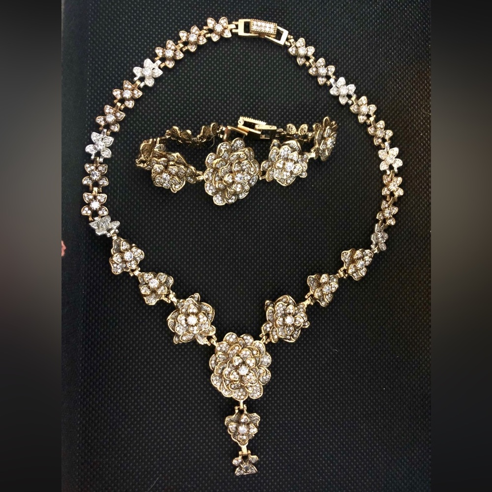 Crystal Necklace Bracelet Set Camellia Rose Flowers Silver & Bronze